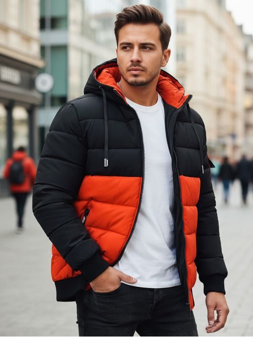 Férfi télikabát kapucnival fekete és narancssárga színben