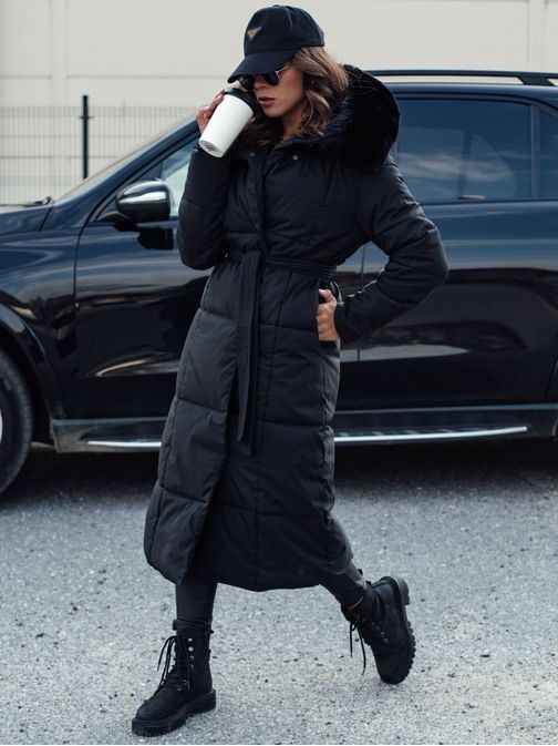 Hosszú női fekete steppelt kabát Glamwarm