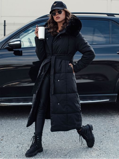 Hosszú női fekete steppelt kabát Glamwarm