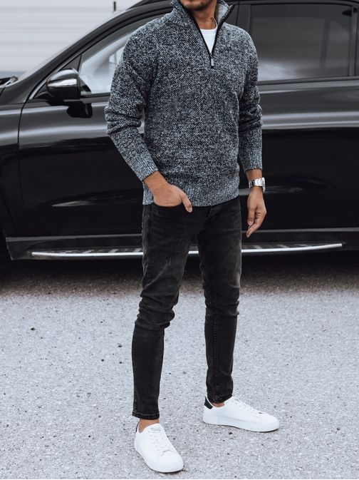 Elegáns szürke pulóver rövid cipzárral