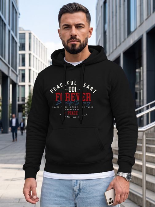 Fekete, sportos stílusú kapucnis pulóver