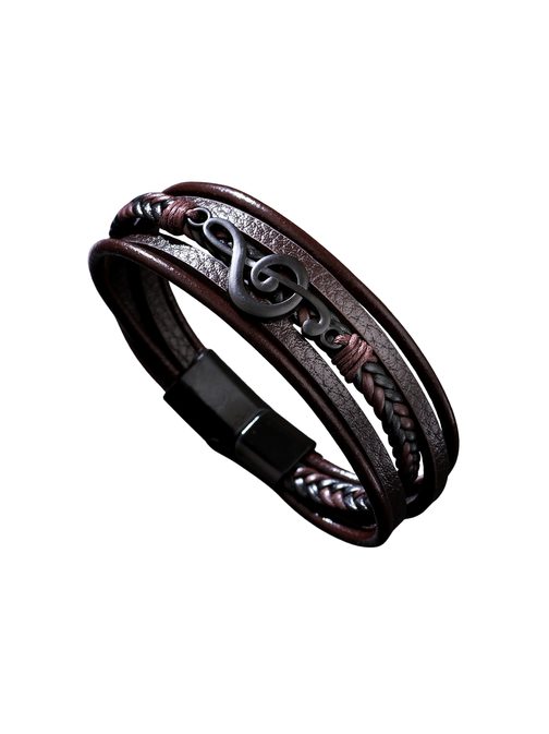 Férfi bőr karkötő hegedűkulccsal - barna