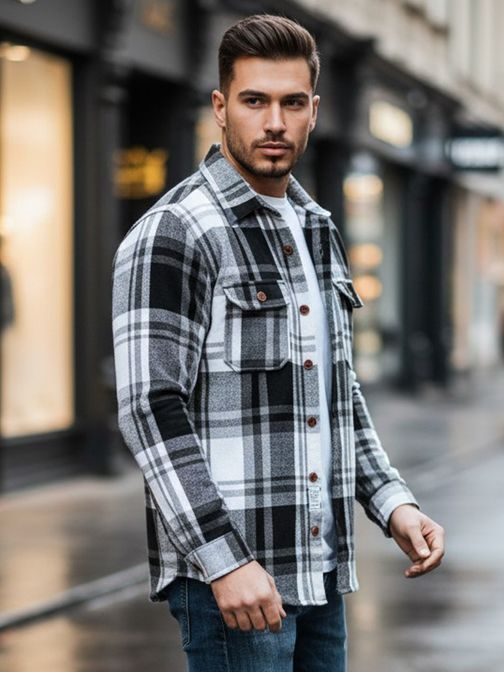 Flanel kockás ing mellzsebekkel fekete és fehér színben