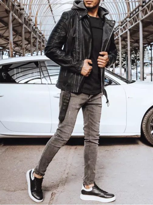 Fekete bőr férfi kabát kapucnival