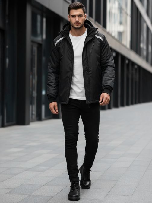 Téli fekete kabát fényvisszaverő elemekkel