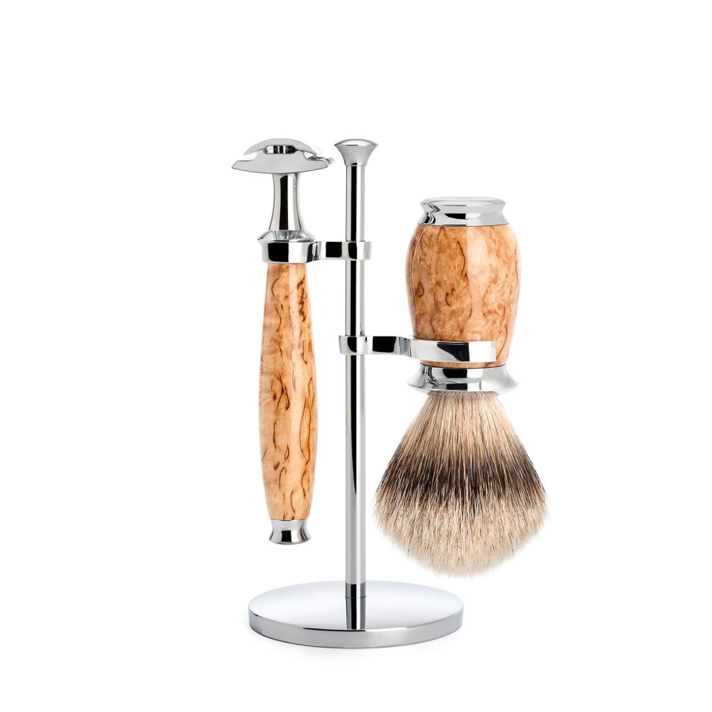 Gentleman Store - Mühle Purist borotválkozó szett - állvány, nyitott fejű  borotva, silvertip badger pamacs - karela nyírfa - Mühle - Ajándékszettek -  Tartozékok, Borotválkozás