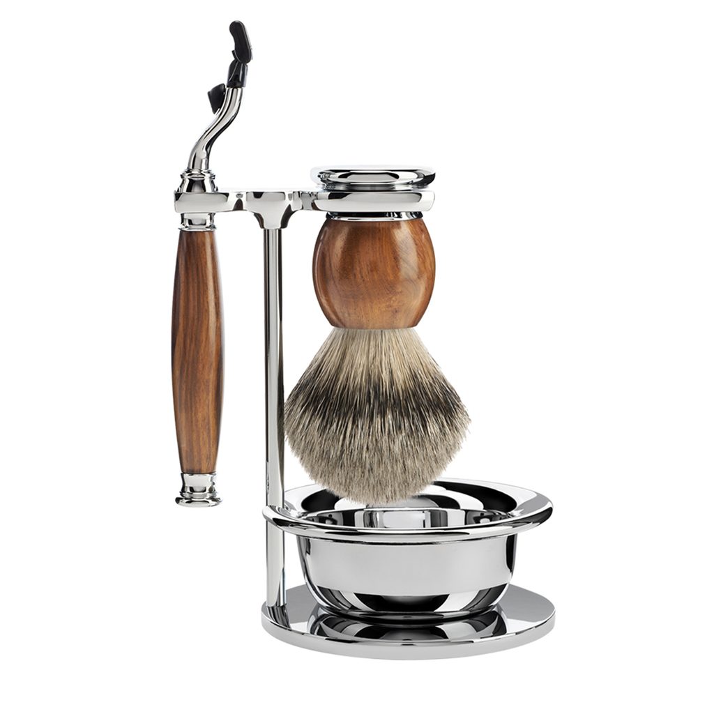 Gentleman Store - Mühle Sophist borotválkozó szett - állvány, tál, Mach 3  borotva, silvertip badger ecset - Ironwood - Mühle - Ajándékszettek -  Tartozékok, Borotválkozás