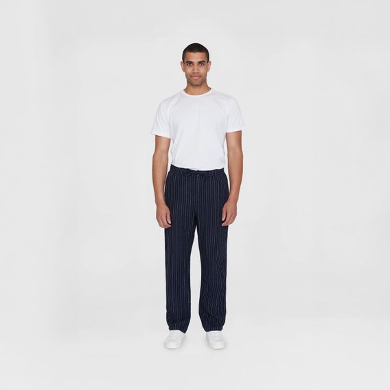 KnowledgeCotton Apparel Loose Striped Linen Pants — Blue