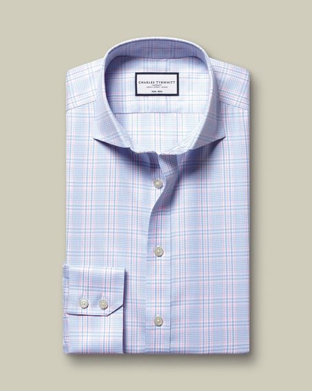 Charles Tyrwhitt Non-Iron Twill Prince of Wales Shirt - Sky Blue & Pink