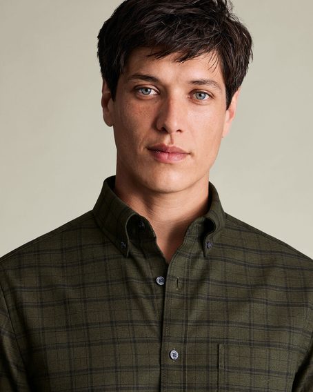 Charles Tyrwhitt Non-Iron Twill Check Shirt — Olive Green / Navy