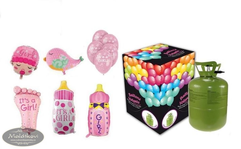 Cukrářské potřeby Malátkovi® - Helium na plnění balonků + balónky na oslavu  narození holčičky - 250 l - BALLONPUB - Hélium na balónky - Balónky, Oslavy  a party