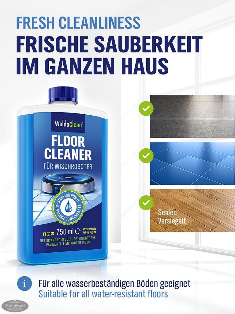 Cukrářské potřeby Malátkovi® - Německý čistič podlah pro robotické vysavače  - 750 ml - WoldoClean® - Úklidové potřeby - Domácí potřeby