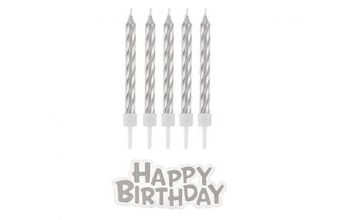 Svíčky narozeniny - Happy Birthday - stříbrné - 16 ks - 7 cm