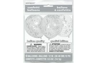 Balónky 6 ks 30 cm - průhledné s konfety stříbrnými