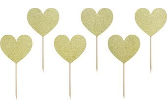 Zapichovátka do cupcaku - Zlaté srdíčka - Svatba / Valentýn - 6 ks