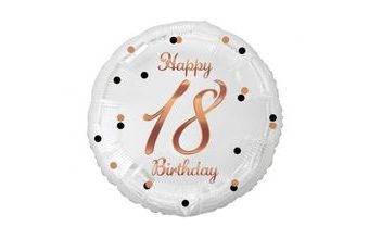 Balón foliový bílý 18 let - Happy Birthday - narozeniny - růžovozlatý nápis - 45 cm