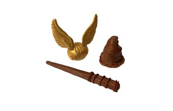 Cukrová dekorace na dort – sada Harry Potter (klobouk, zlatá střela a hůlka)