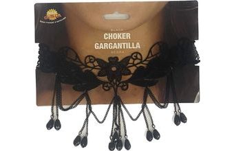 Černý náhrdelník s květinami a kameny - Halloween