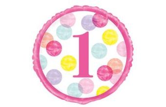 Balón foliový 1. narozeniny růžový s puntíky - 45 cm