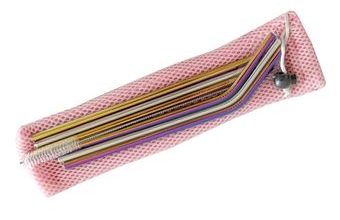 Brčka nerezová duhová - 6 ks (4 ks duhová) + růžový obal