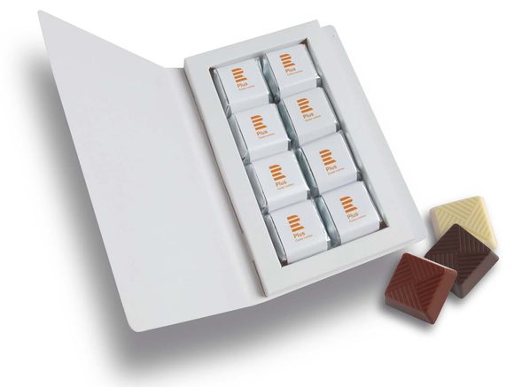 Reklamní pralinková kniha 8x12g, stuha s vaším motivem/logem - od 250 ks