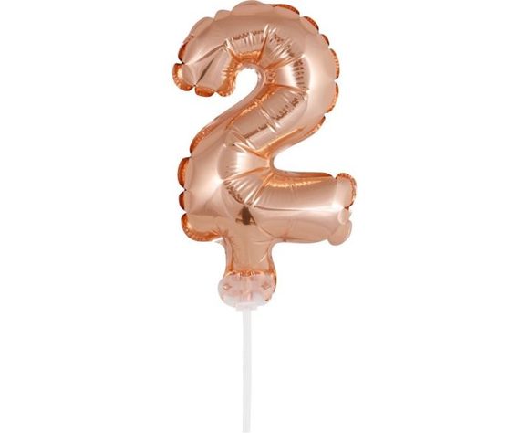 Balón foliový číslice - 2 - RŮŽOVO ZLATÁ - ROSE GOLD 12,5 cm s držákem