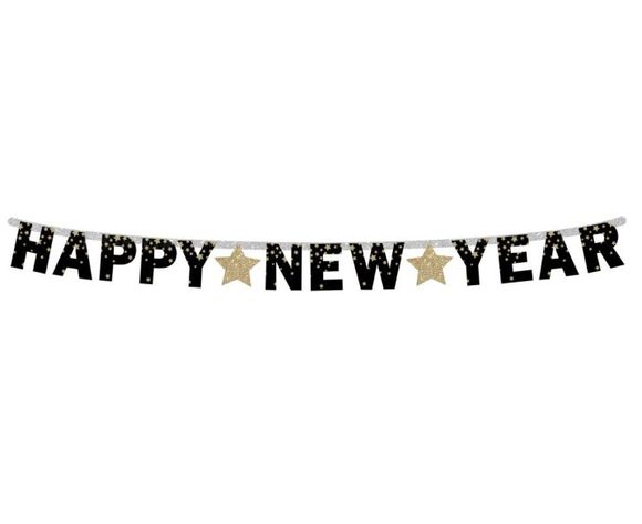 Papírová girlanda Happy New Year - Silvestr - zlaté hvězdy - 180 cm