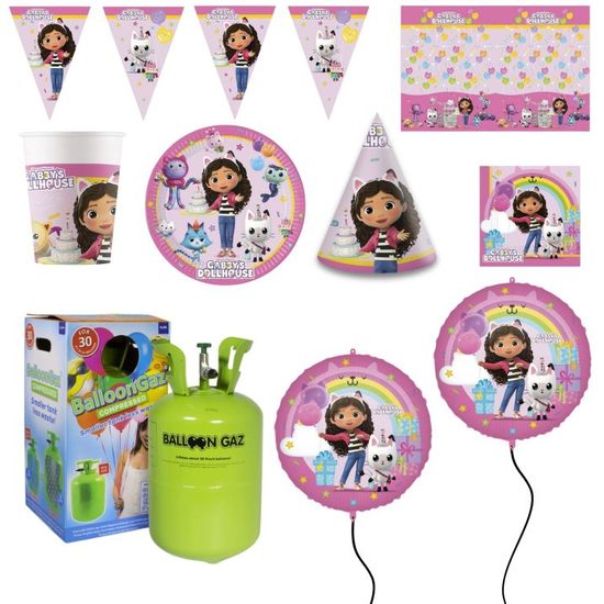 Dětská narozeninová sada Gábinin kouzelný domeček - Gabby's Doll house s balónky a heliem - 10 osob