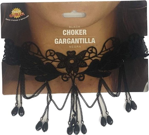 Černý náhrdelník s květinami a kameny - Halloween