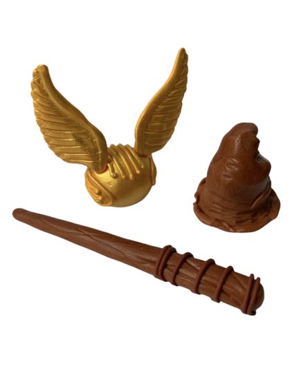 Cukrová dekorace na dort – sada Harry Potter (klobouk, zlatá střela a hůlka)