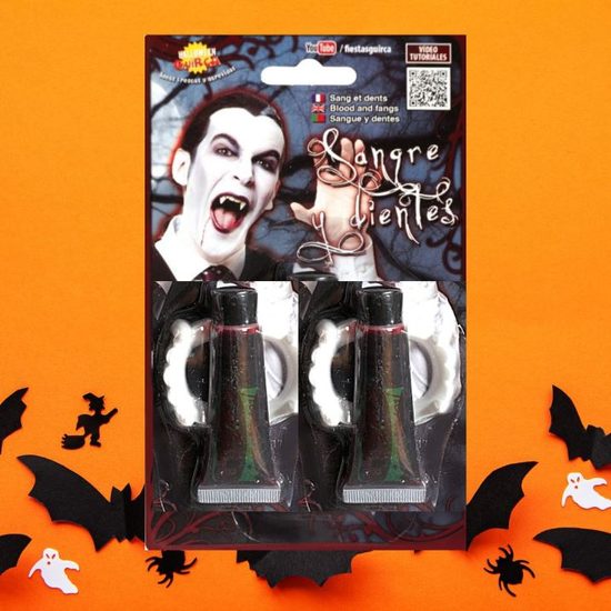 Upíří zuby s umělou krví 30 ml - upír - vampír - drakula - Halloween - 2 ks