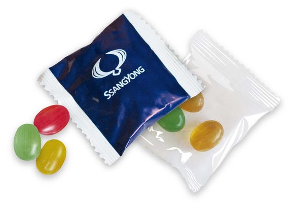 Reklamní flowpackové bonbóny 3ks v sáčku s vaším motivem/logem - od 3000 ks