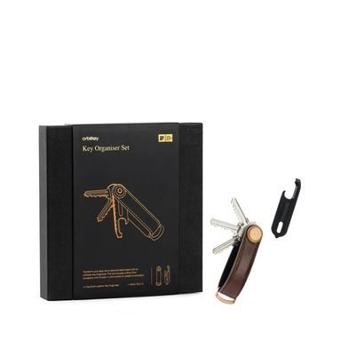 Darčekový set koženej kľúčenky Orbitkey 2.0 (Espresso Brown & Brown Stitching) + čierny Multitool v2