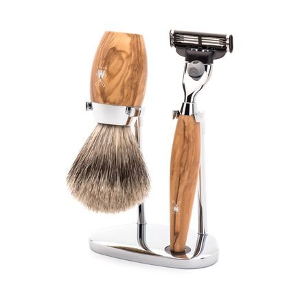 Zostava na holenie Mühle Kosmo - stojan, strojček s Mach 3 hlavicou, štetka fine badger - olivové drevo