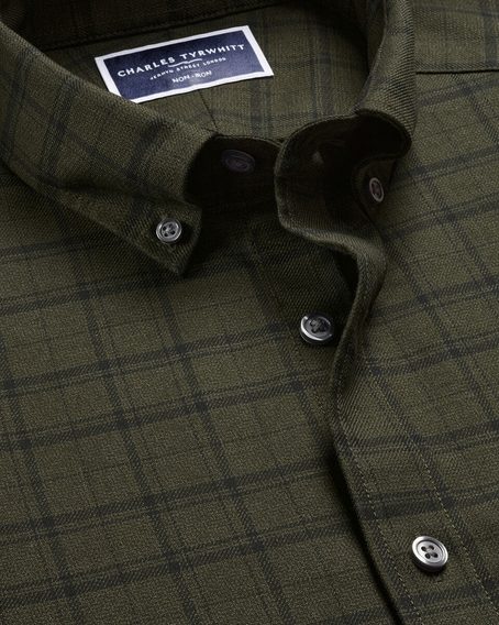 Charles Tyrwhitt Non-Iron Twill Check Shirt — Olive Green / Navy