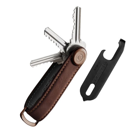 Darčekový set koženej kľúčenky Orbitkey 2.0 (Espresso Brown & Brown Stitching) + čierny Multitool v2