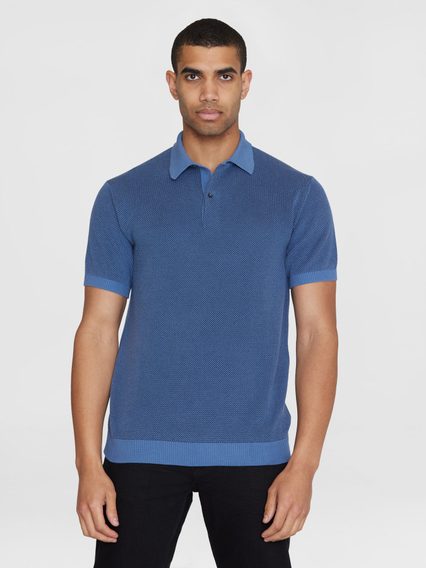 KnowledgeCotton Apparel Two-toned Knitted Polo Shirt — Moonlight Blue