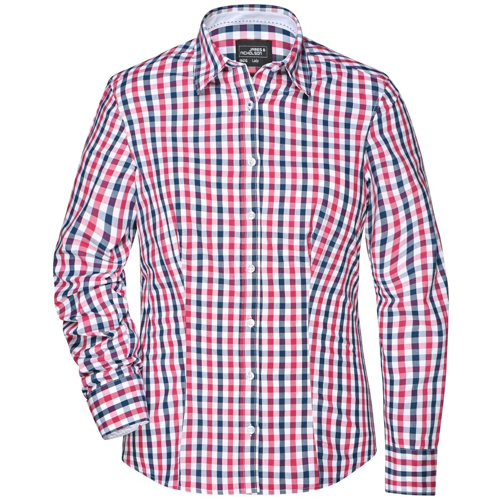 James & Nicholson Dámska kockovaná košeľa JN616 - Tmavomodrá / červeno-tmavomodro-biela | S