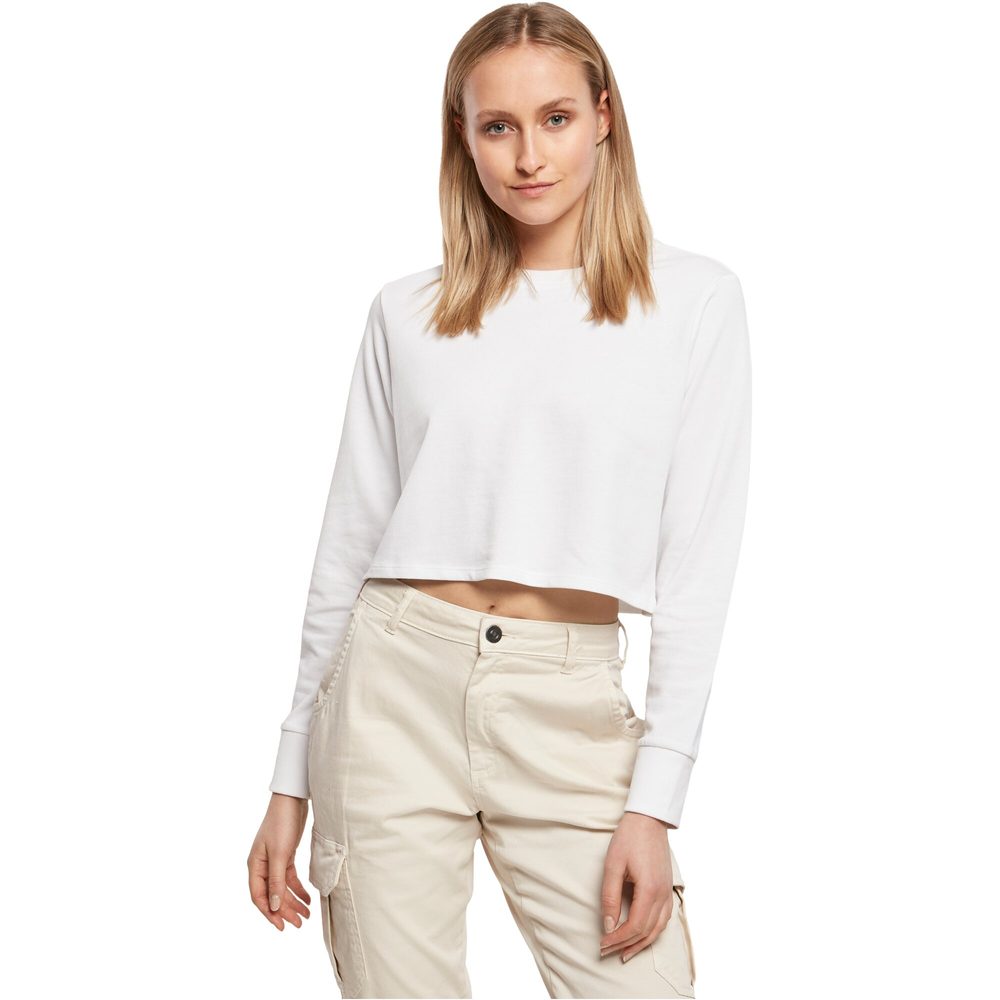 Build Your Brand Dámske crop top tričko s dlhým rukávom - Biela | XXXL