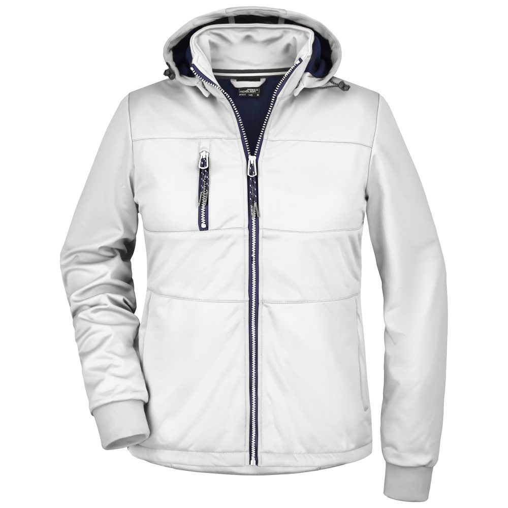 James & Nicholson Dámska športová softshellová bunda JN1077 - Biela / biela / tmavomodrá | XL