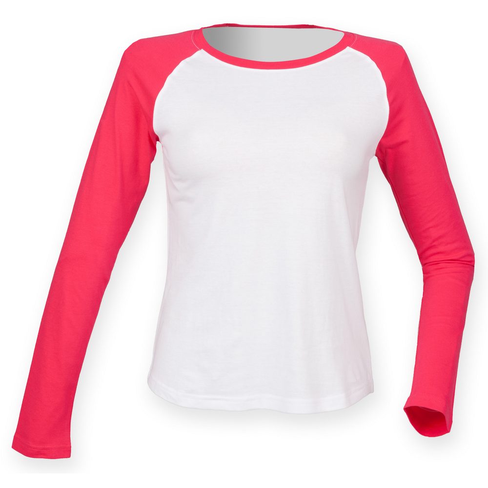 SF (Skinnifit) Dámské dvoubarevné tričko s dlouhým rukávem - Bílá / růžová | XL