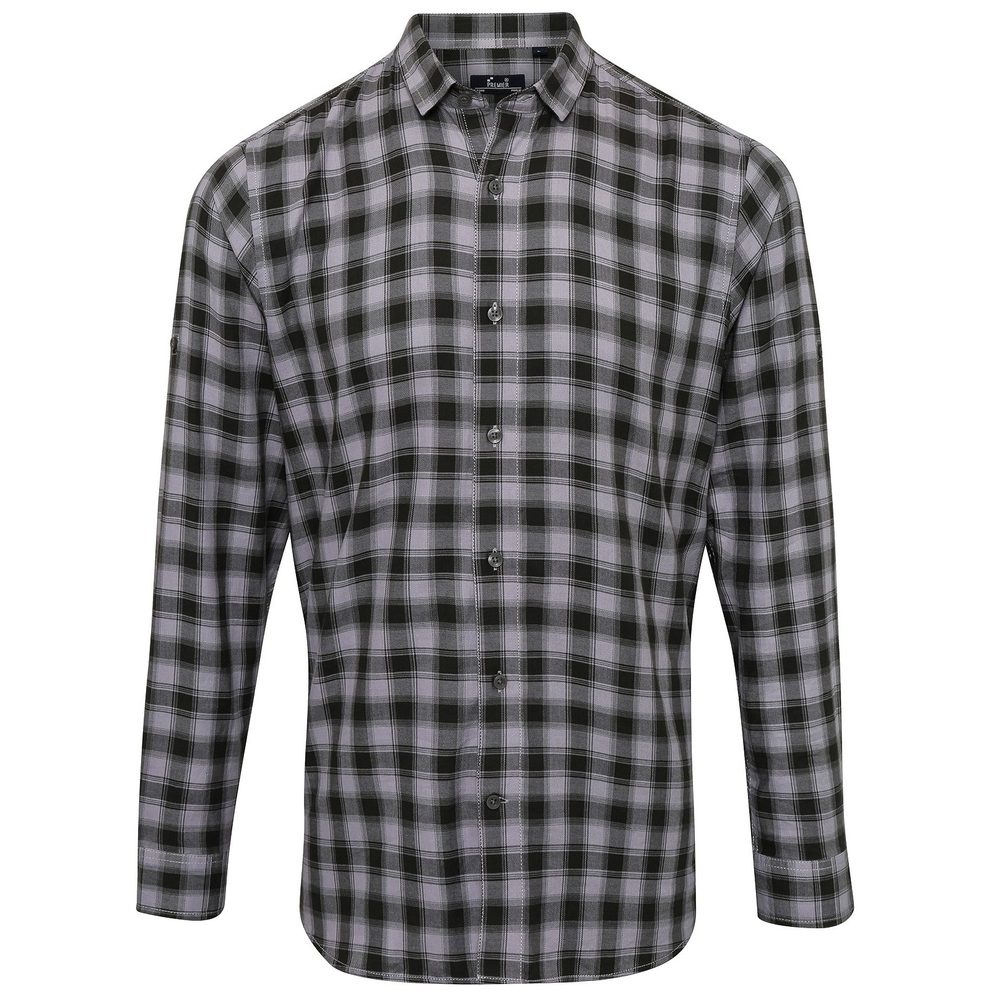Premier Workwear Pánska bavlnená károvaná košeľa - Oceľovo šedá / čierna | S