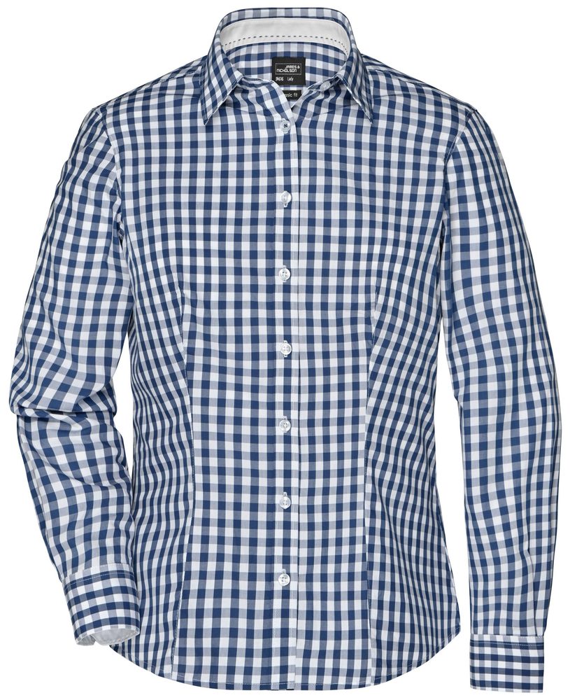 James & Nicholson Dámská kostkovaná košile JN616 - Tmavě modrá / bílá | XXL