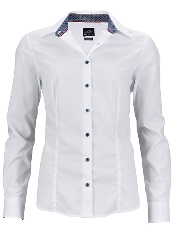 James & Nicholson Dámská bílá košile JN647 - Bílá / tmavě modrá / bílá | XXL