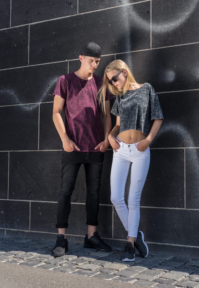 Build Your Brand Dámske crop top tričko Acid Washed - Tmavošedá / biela | XL