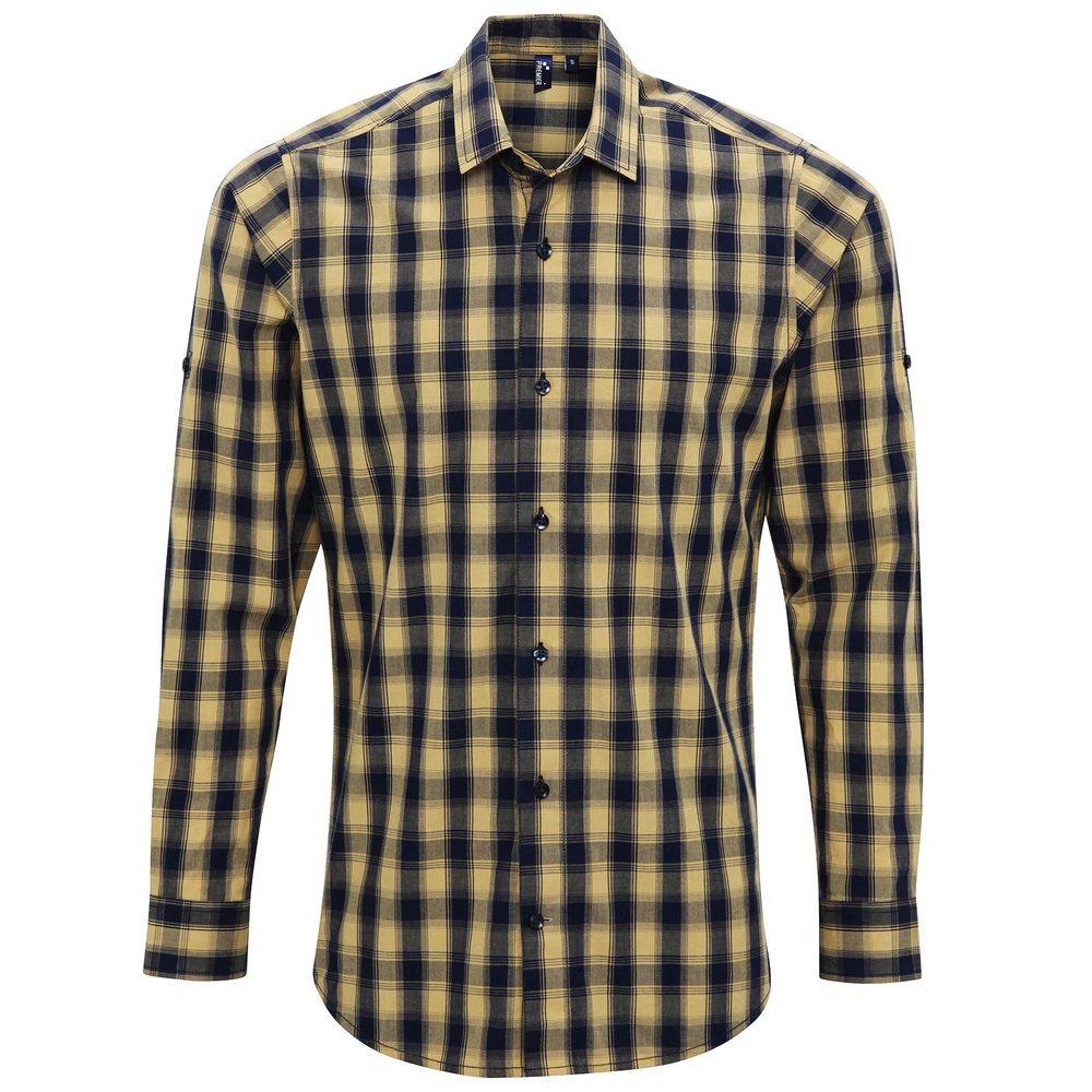 Premier Workwear Pánska bavlnená károvaná košeľa - Camel / tmavomodrá | L