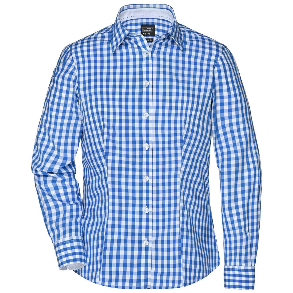James & Nicholson Dámská kostkovaná košile JN616 - Královská modrá / bílá | XXL