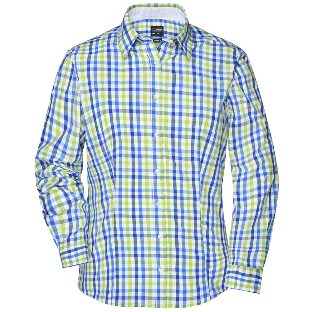 James & Nicholson Dámska kockovaná košeľa JN616 - Lesná zelená / biela | XS