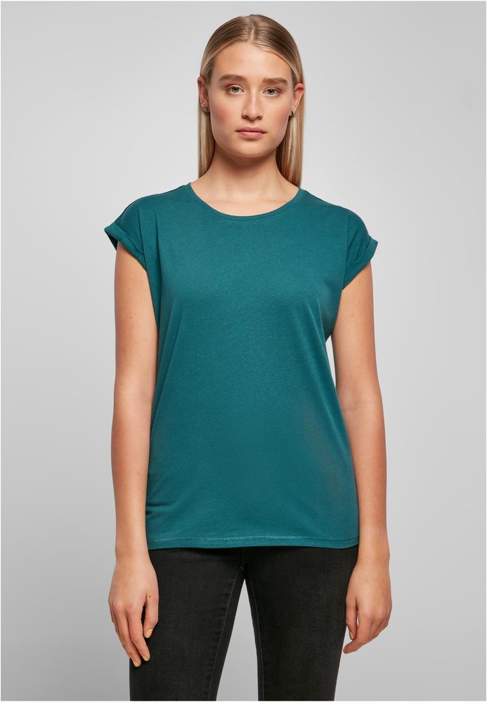Build Your Brand Voľné dámske tričko s ohrnutými rukávmi - Lesná zelená | S
