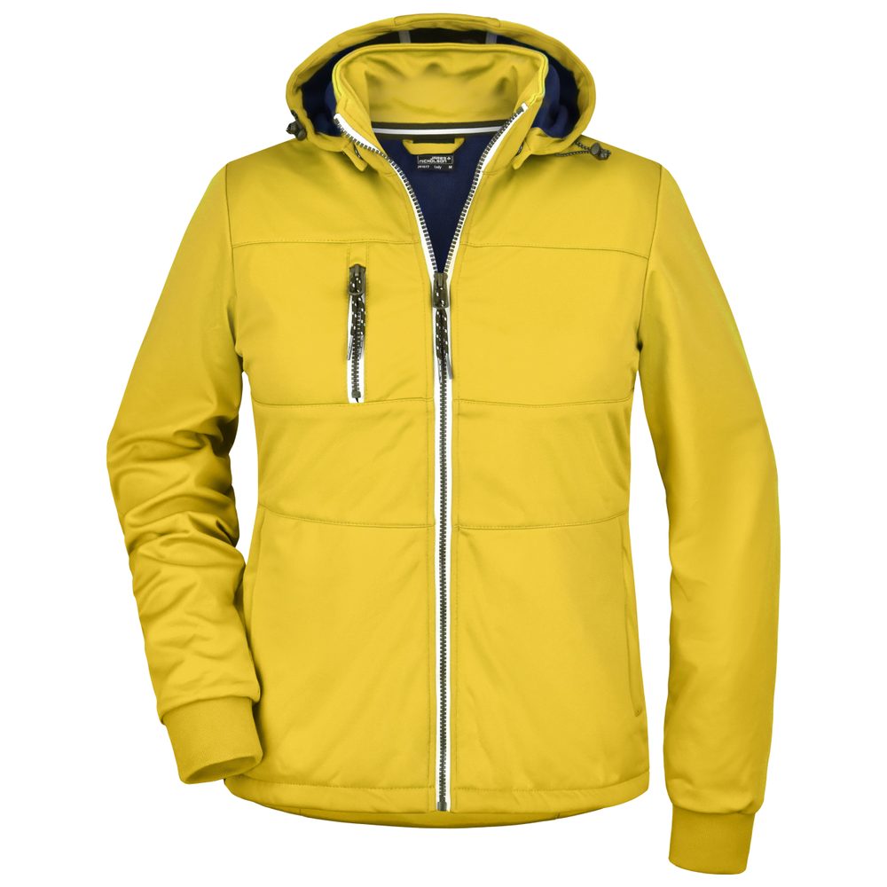 James & Nicholson Dámska športová softshellová bunda JN1077 - Slnečná žltá / tmavomodrá / biela | S